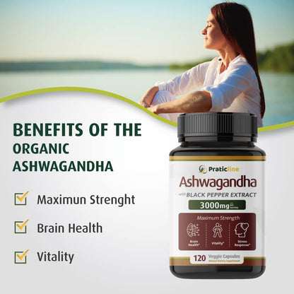 PRATIC LINE Ashwagandha Capsules 3,000 mg - 120 Vegan Cap Made with Organic PRATIC LINEUS supplements