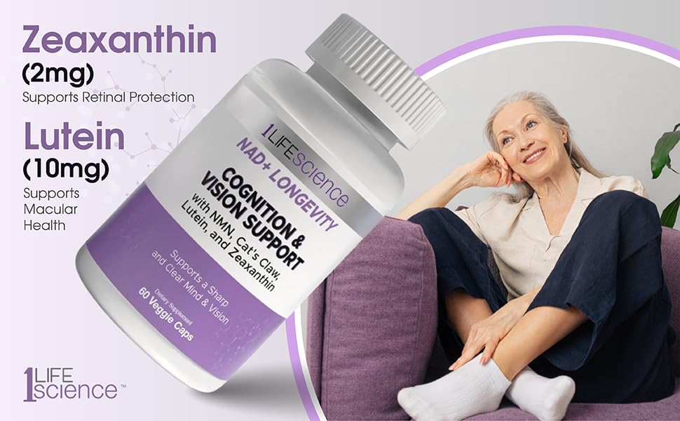 1LifeScience Cognition & Vision Support Supplement – NMN, Lion’s Mane, Cat’s Claw, Apigenin, PQQ & Lutein – NAD+ Support Formula – cGMP Made in USA – 60 Caps 1LifeScienceAu supplements