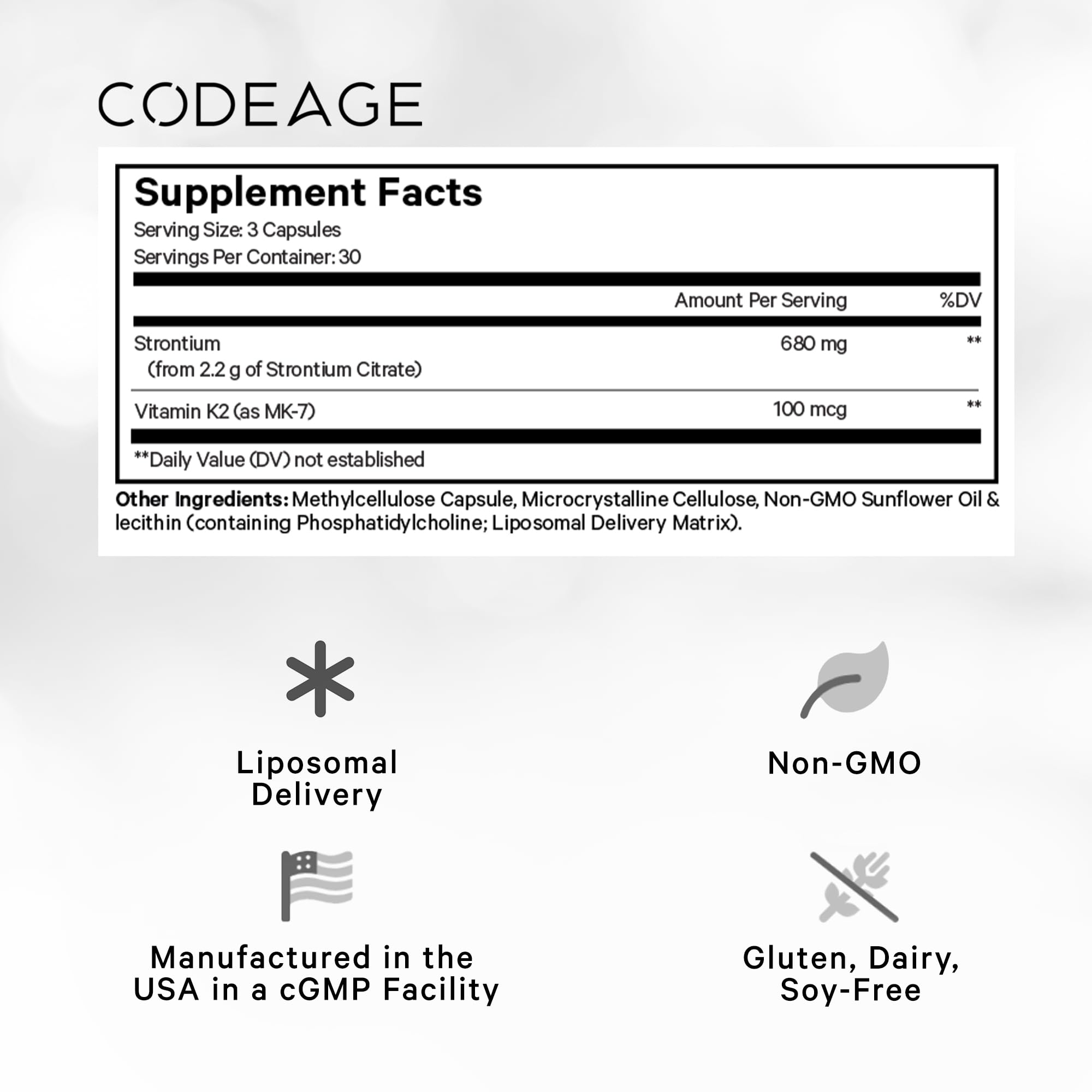 Codeage Liposomal Strontium Supplement - Strontium Citrate, Vitamin K2 MK-7, Liposomal Delivery, Non-GMO, Gluten-Free - 90 Capsules CodeageAu supplements