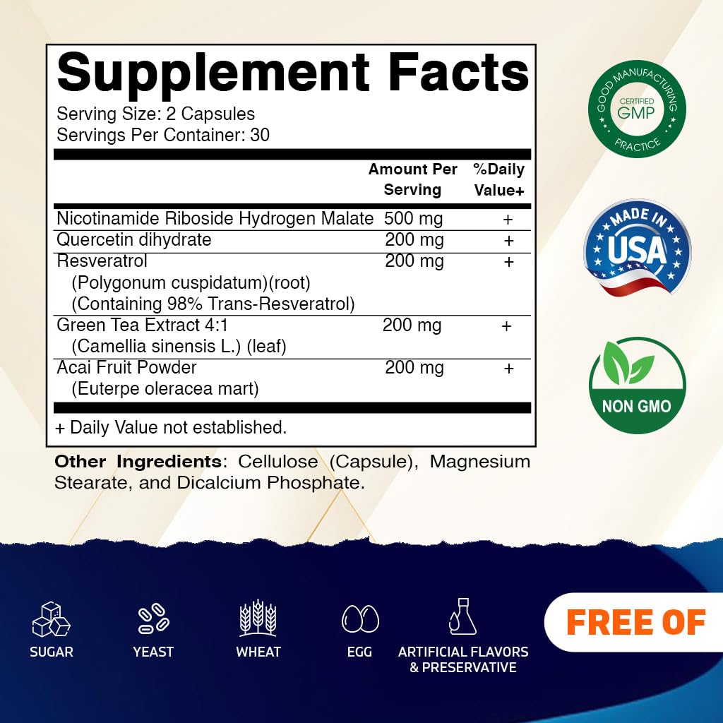 Vitamatic NAD Nicotinamide Riboside Supplement 1300mg 60 Ct - Support Healthy Aging, Cellular Energy Production, Made with Riboside, Quercetin, Resveratrol, Green Tea, & Acai Powder VitamaticAu supplements