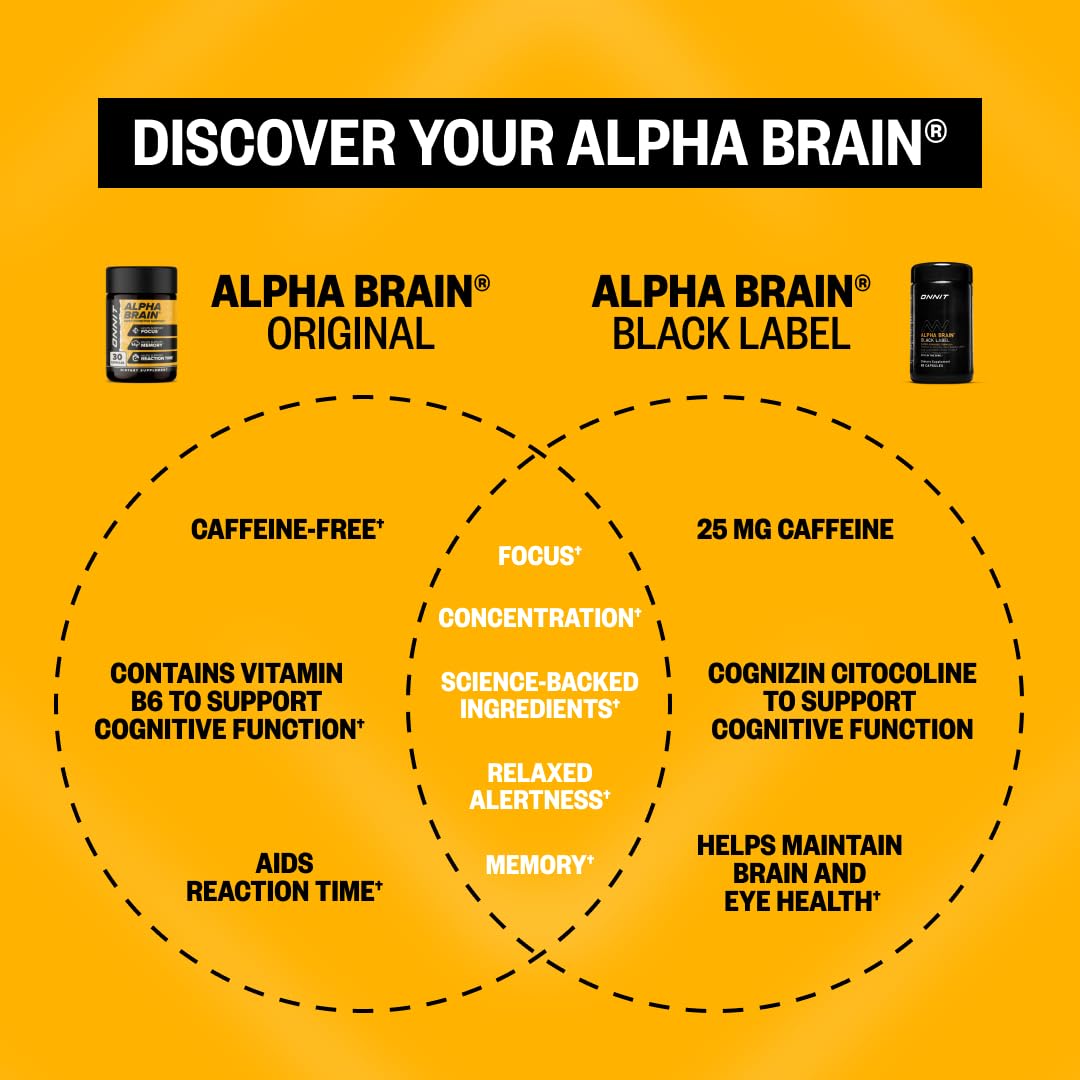 ONNIT Alpha Brain Black Label Capsules, IGEN Non-GMO Tested Citicoline Brain Supplement for Concentration and Memory, Lion’s Mane, Lutemax Lutein, L Theanine and Mucuna Pruriens, 80 Count ONNITAu supplements