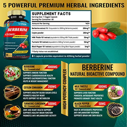 Berberine Extract Capsules 4250mg, 2 Months Supply & Ceylon, Milk Thistle, Turmeric TenmidoUS supplements