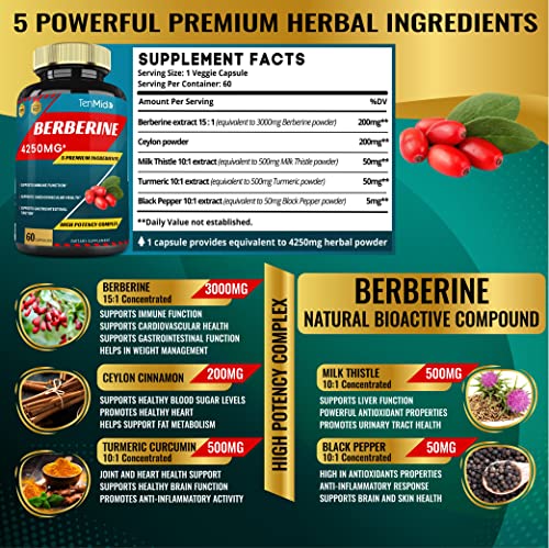 Berberine Extract Capsules 4250mg, 2 Months Supply & Ceylon, Milk Thistle, Turmeric TenmidoAu supplements
