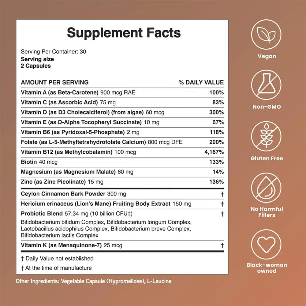 Mela Daily Essentials Multivitamin for Melanated Women - High-Dose Vitamin D3 and B12, Probiotics, Lion's Mane, Ceylon Cinnamon MelaAu supplements