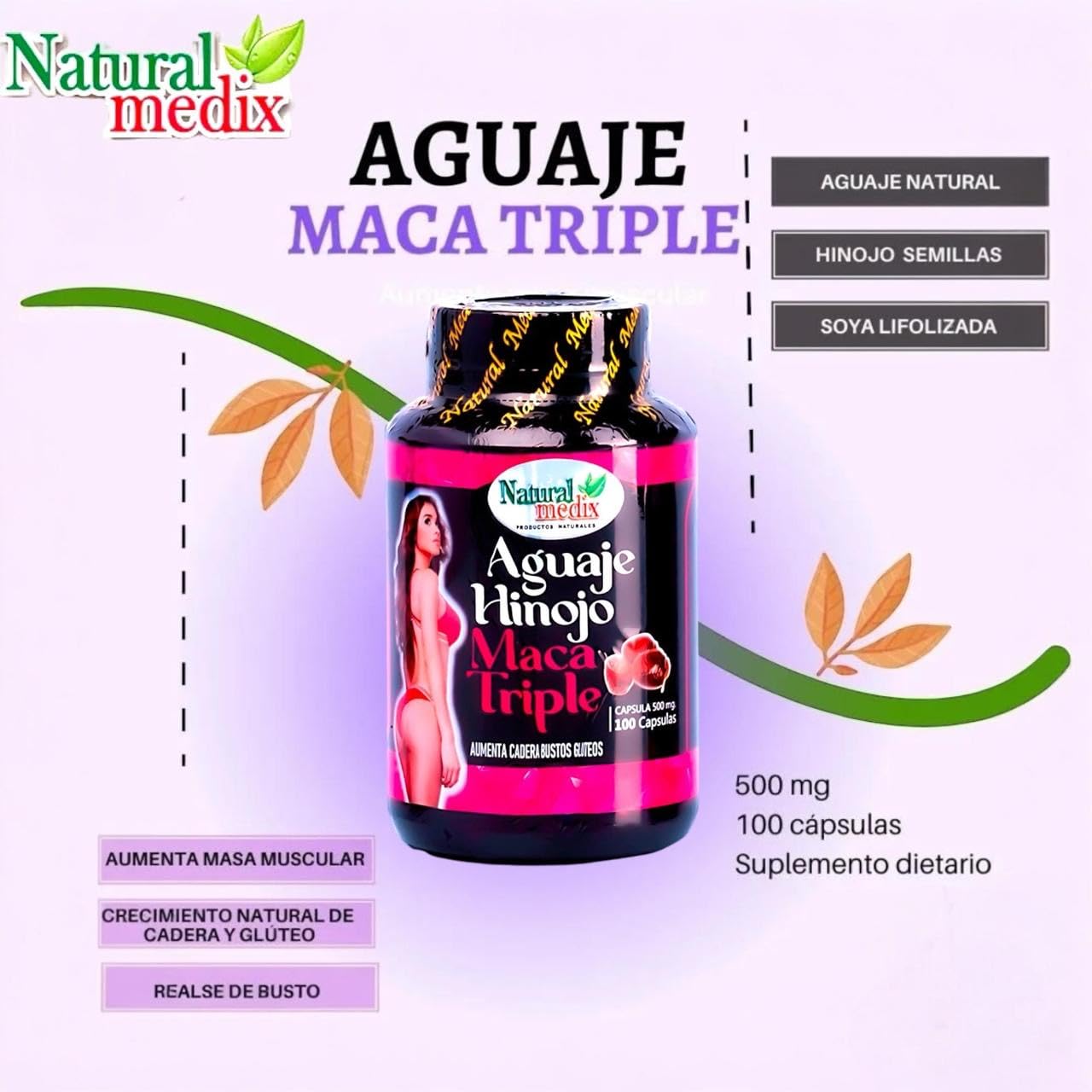 Natural medix Aguaje Hinojo Maca Triple (Maca Root Supplement) Premium 100 Capsules | Premium Botanical Blend for Feminine Balance & Confidence Natural medixAu supplements