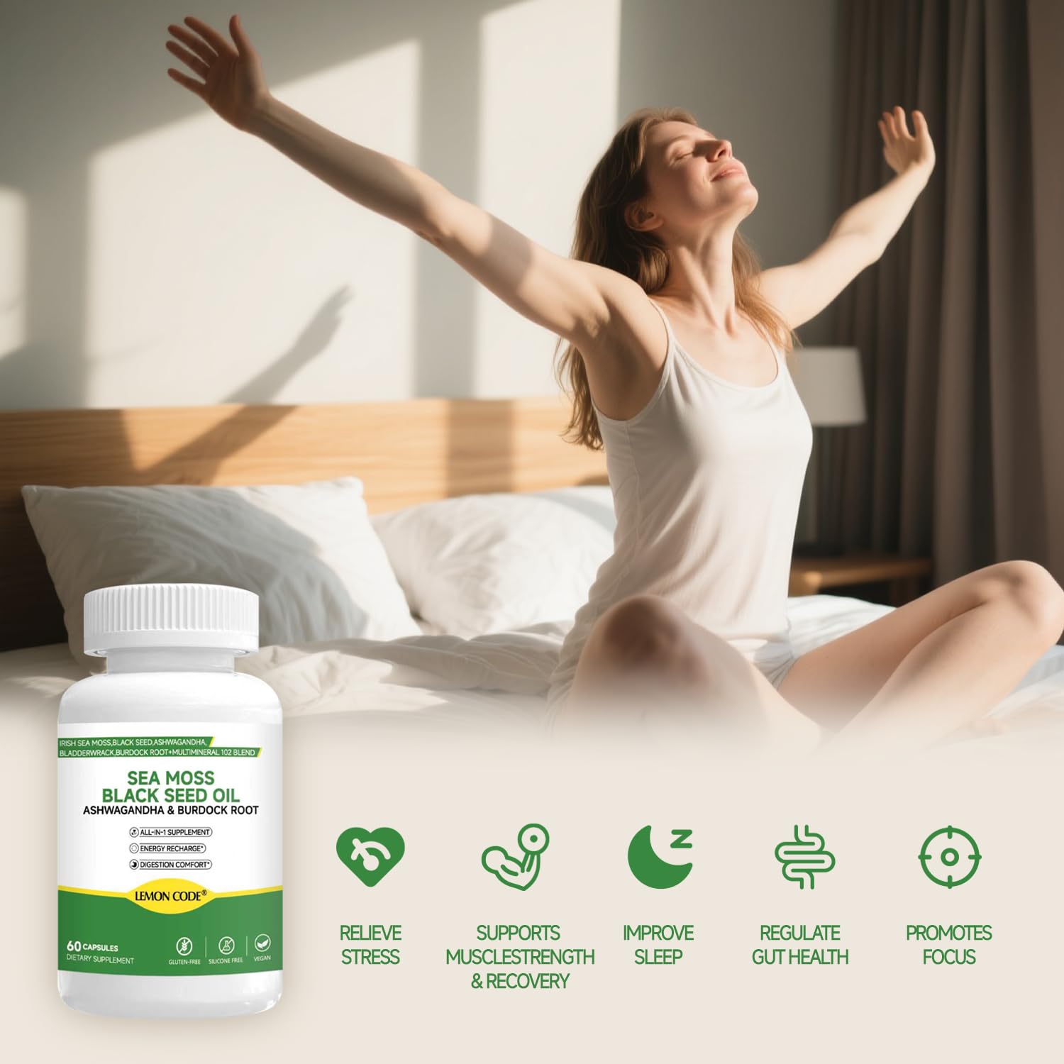 LEMON CODE Sea Moss & Black Seed Oil Capsules with Burdock & Bladderwrack & Ashwagandha, Vitamin C&D,Natural Herbal Complex for Daily Balance, Energy & Digestive Support, Vegan, Non-GMO, 60 Capsules LEMON CODEAu supplements