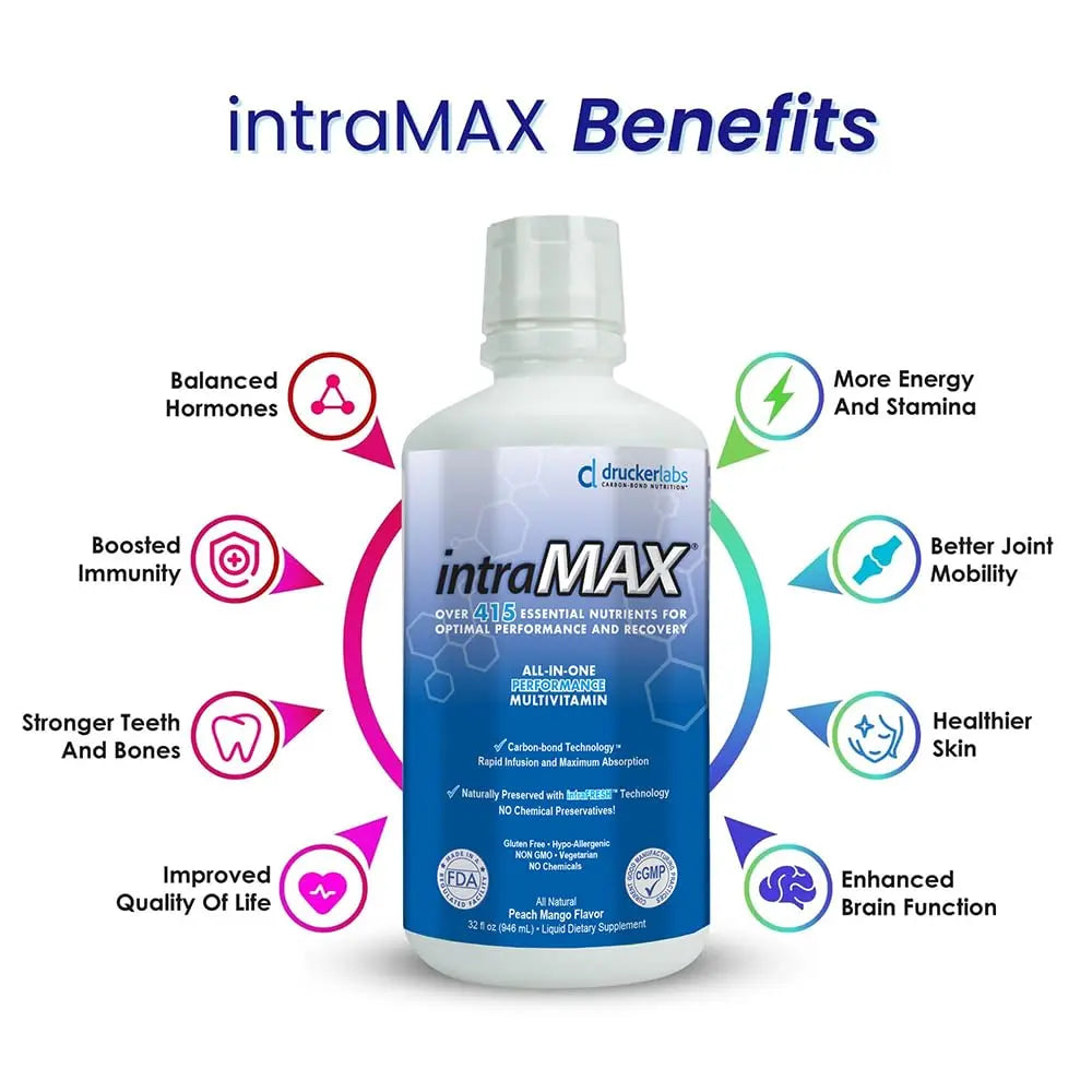 Drucker Labs - intraMAX Organic Liquid Multivitamin, Non GMO, Dairy Free, Gluten Free, Magnesium, Vitamin D, C and E, Zinc (32 oz., Peach Mango) Drucker LabsAu supplements