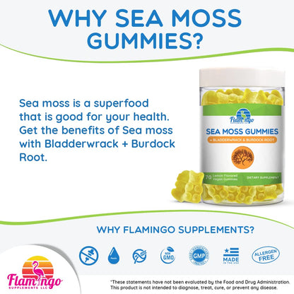 Sea Moss Gummies Plus Organic Bladderwrack and Burdock Root. Tasty Alternative to Sea Flamingo SupplementsUS supplements