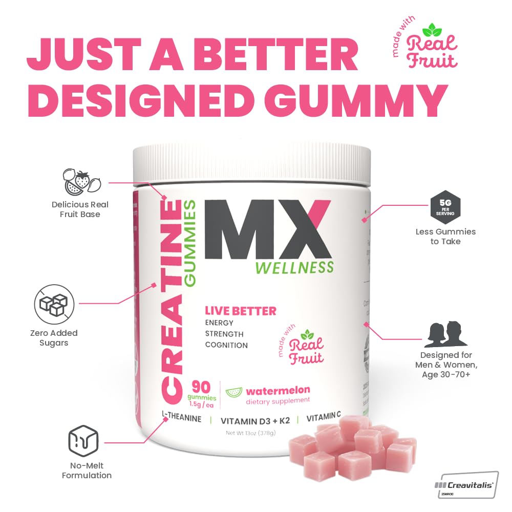 MX Wellness Creatine Monohydrate Gummies for Men & Women – Real Fruit Gummy Supplement for Muscle Growth, Recovery, Longevity, Cognitive Health & Memory – 90 Chews (90 Gummies, Watermelon) MX WellnessAu supplements