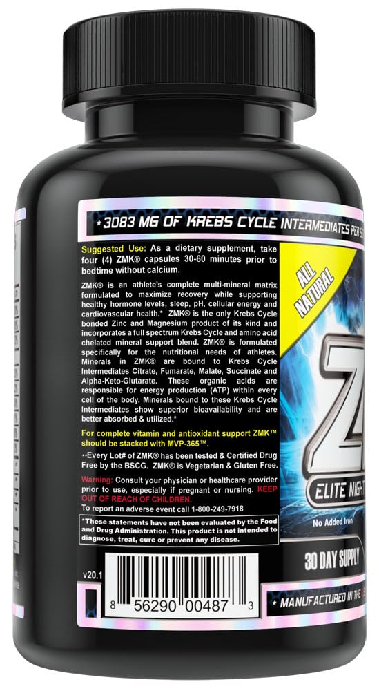 MST ZMK (Zinc & Magnesium as Krebs Chelates (as Citrate, Fumarate, Malate, Succinate, Alpha-Keto-Glutarate. With Mineral Support Blend & Trace Minerals. Support ATP, Sleep, Muscle Recovery, 120 V Caps MSTAu supplements