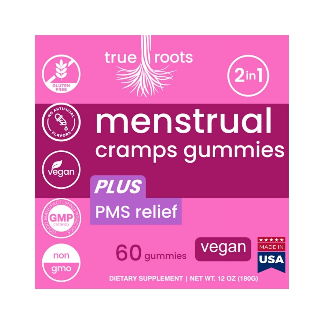Menstrual Cramp Period Gummies True Roots | PMS Support Supplement for Women | Healthy Flow | Flo PMS Menstrual Cycle Relief, Cramping and Bloating | Vegan & Natural Flavors | 60 Count True RootsAu supplements