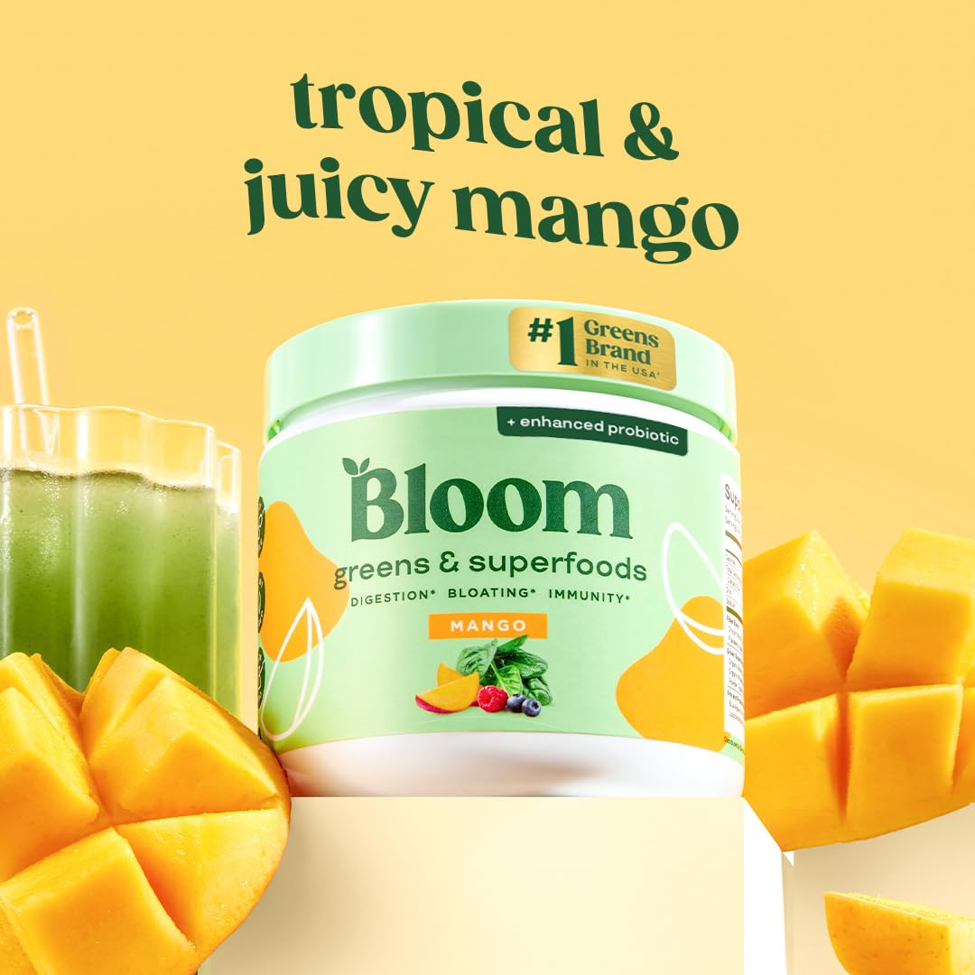 Bloom Nutrition Superfood Greens Powder, Digestive Enzymes with Probiotics and Prebiotics, Gut Health, Bloating Relief for Women, Chlorella, Green Juice Mix with Beet Root Powder, 30 SVG, Mango Bloom NutritionAu supplements