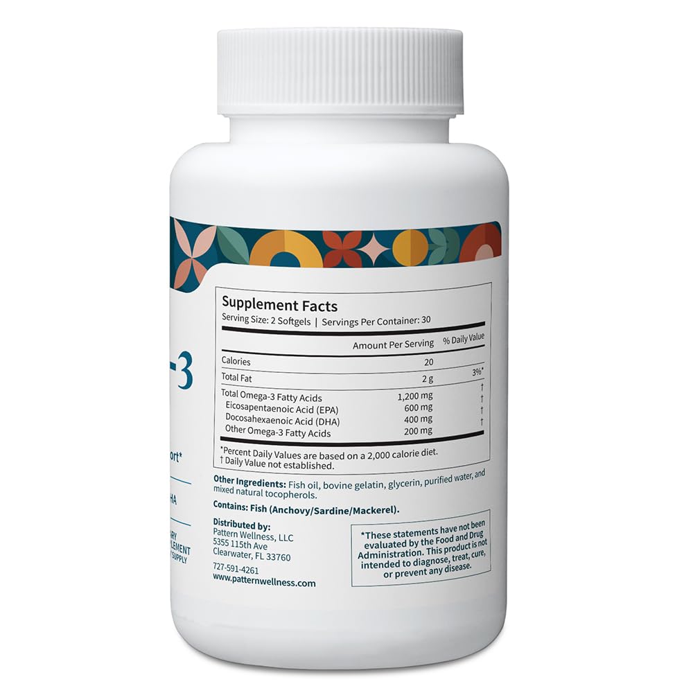 Pattern Wellness Omega 3 Softgels - Pure Fish Oil Formula - Helps Maintain Brain, Heart & Joint Health - 3rd Party Lab Tested - Non-GMO, Dairy-Free, Gluten-Free - 60 Softgels Pattern WellnessAu supplements