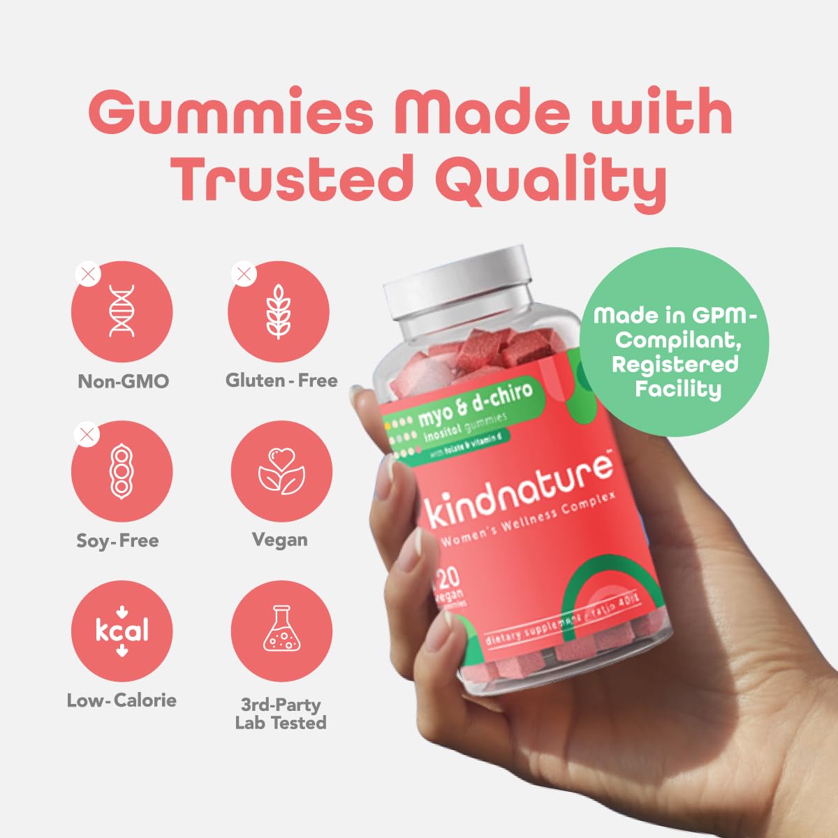 kindnature Myo-Inositol & D-Chiro Inositol Gummies for Women – 2000mg + 50mg, Ideal 40:1 Ratio – with Vitamin D & Folate – Hormone Balance Support – Vegan, Watermelon Flavor (120 Gummies) kindnatureAu supplements