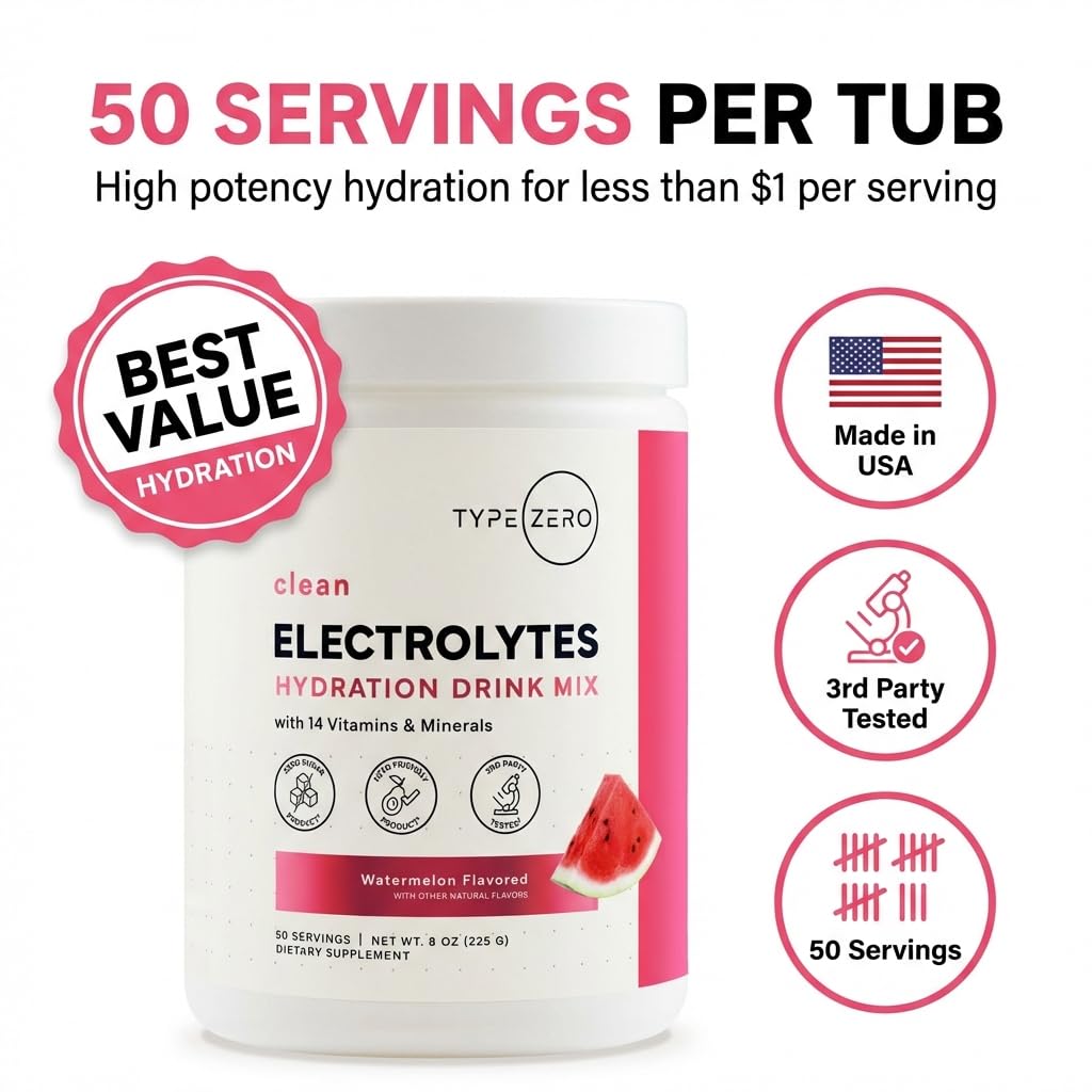 Type Zero Clean Electrolytes Hydration Powder Drink Mix + 14 Essential Vitamins & Minerals - Sugar Free, Zero Artificial Ingredients - Watermelon Flavor, 50 Servings Type ZeroUS supplements