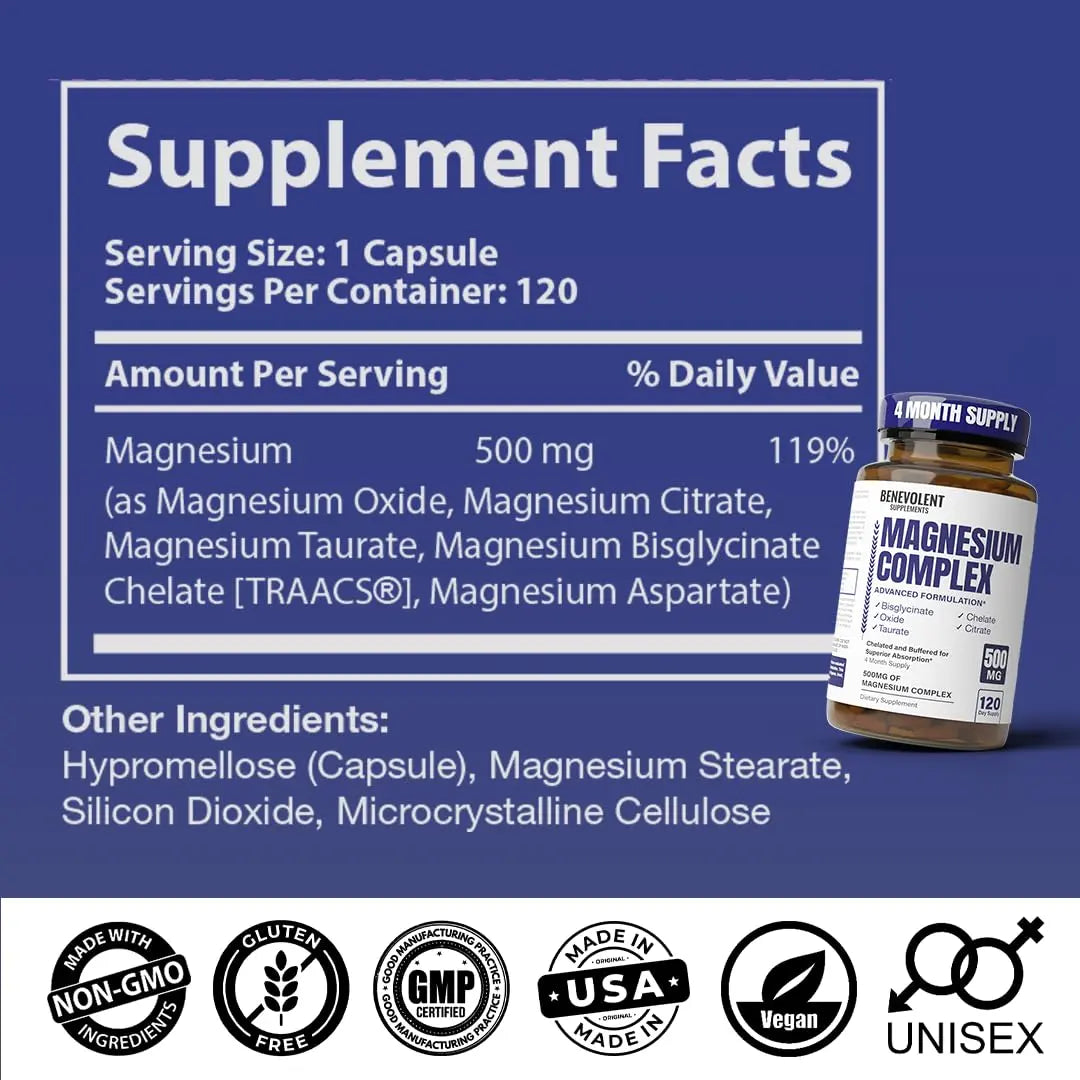 Magnesium Complex Supplement, 4 Month Supply of 500mg 5-in-1 Bisglycinate, Oxide, Taurate, Aspartate, Citrate, Max Absorption Magnesium Supplement for Calm, Sleep & Leg Cramps, 120 Capsule Benevolent Nourishmentnz supplements