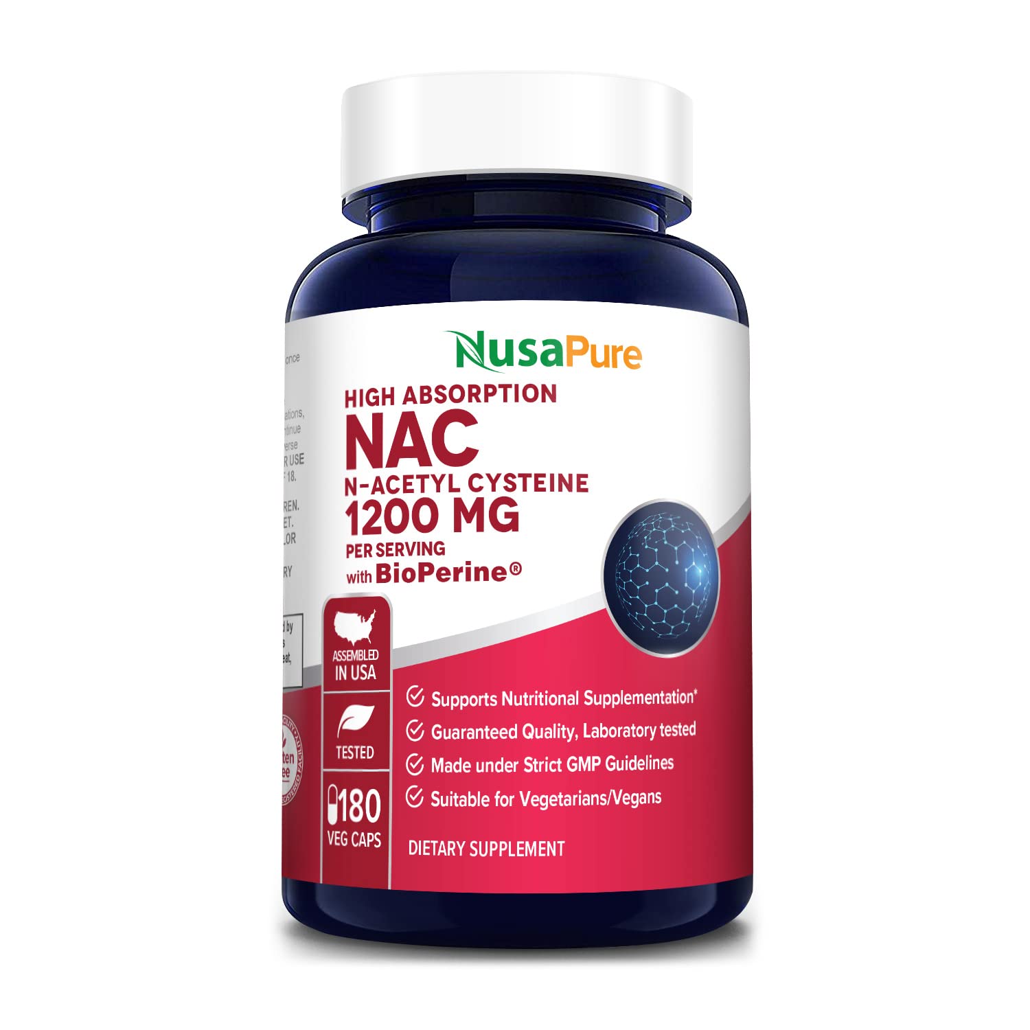 NusaPure N-Acetyl Cysteine (NAC) 1200mg 180 Veggie Caps (Vegetarian, Non-GMO, Gluten Free) Bioperine NusaPureAu supplements