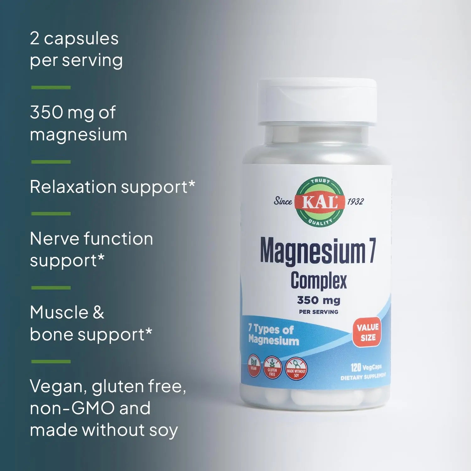 KAL Magnesium Complex 7 - Total Complex with Magnesium Glycinate, Citrate, Malate and More - Relaxation and Whole Body Support Supplements - Vegan, 60-Day Guarantee - 60 Servings - 120 VegCaps KALnz supplements