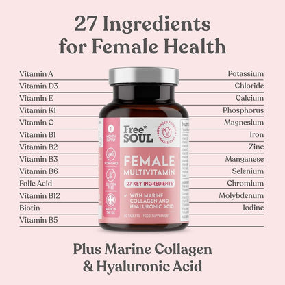 Women's Multivitamins and Minerals with Collagen & Hyaluronic Acid - 27 Essential Free SoulUS supplements
