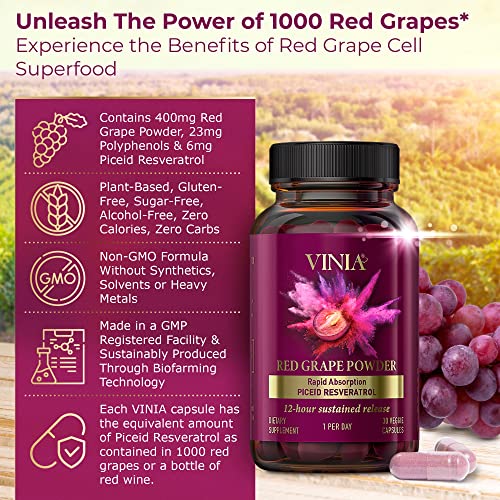 VINIA 12-Hour Sustained Release Piceid Resveratrol Supplement. Nitric Oxide Supplement VINIAUS supplements