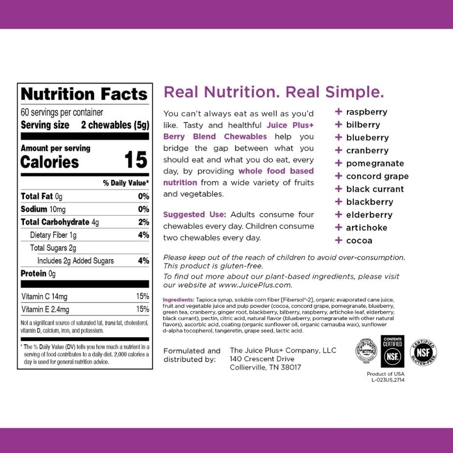 Juice Plus+ Berry Blend Soft Chews (Chewables) - Daily Nutrition from 12 Plants with Whole Fruit, Vegetable, & Berry - Raspberry, Bilberry, Blueberry, and More! for Adults and Kids - (1-mo, 30 Chews) Juice Plus+Au supplements