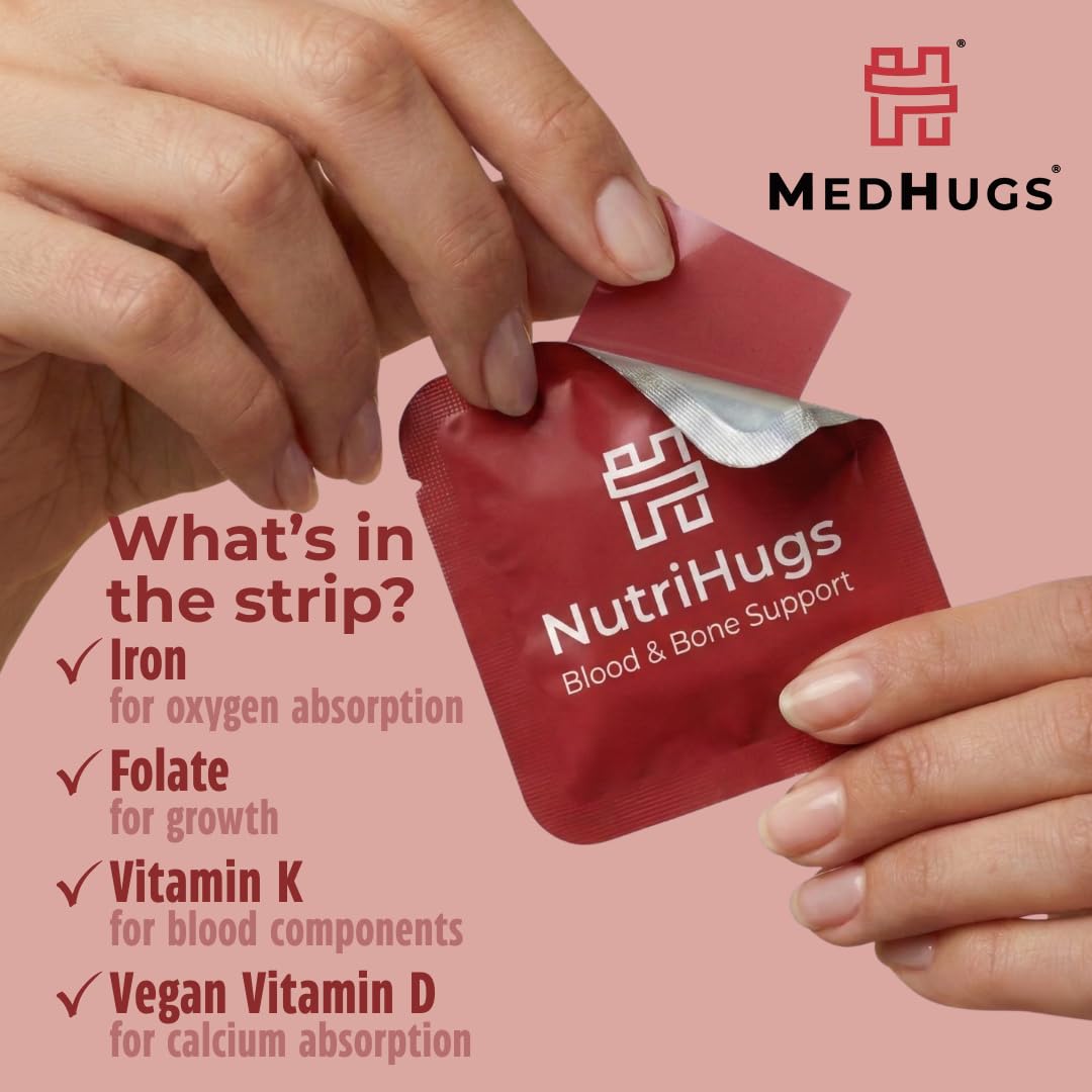 MedHugs NutriHugs Blood and Bone Support - Iron, Folate, Vitamin D3 and K2 - Fast-Dissolving Oral Thin Film Strips - Non-Constipating Iron - Vegan, Sugar-Free, Non-GMO - 30 Strips MedHugsAu supplements