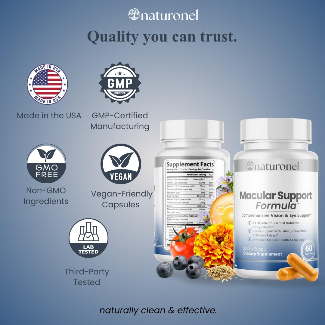 Naturonel Macular Support Formula – Vision & Eye Health with Lutein, Zeaxanthin, Bilberry, Eyebright & Antioxidants | Non-GMO, Made in USA, GMP Certified – 60 Capsules, 30 Day Supply (1) NaturonelAu supplements
