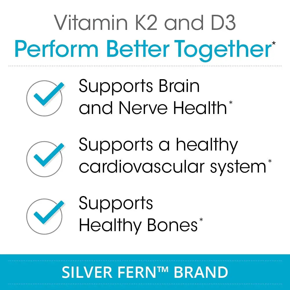 Silver Fern Vitamin K2-D3 Supplement Brand - Natural, Non-Synthetic - K2-7 as Menaquinone-7 (MK-7) - D3 as cholecalciferol Silver FernAu supplements