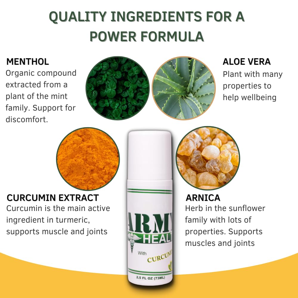 ARMY HEALTH Roll On 100% Natural Turmeric Curcumin - Pain Reliever - Inflammation - Headache - Backache - Joint and Muscle Pain 2.5 Oz ARMY HEALTHAu supplements