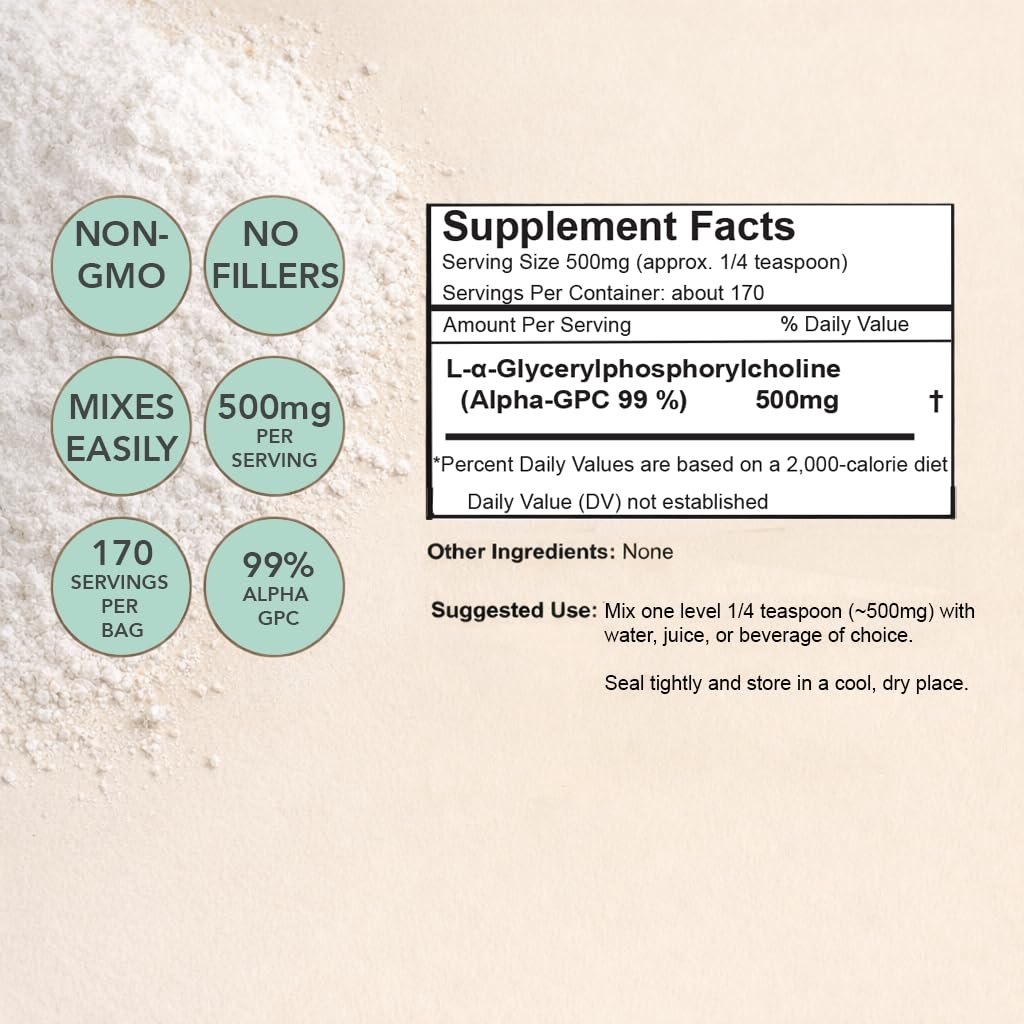 Xalya Alpha GPC Supplement, Alpha GPC Powder 99% Purity (Extra Strength) 500mg per Serving, Unflavored, Natural Choline Supplement - 3rd Party Tested -170 Servings, 3 Ounce XalyaAu supplements