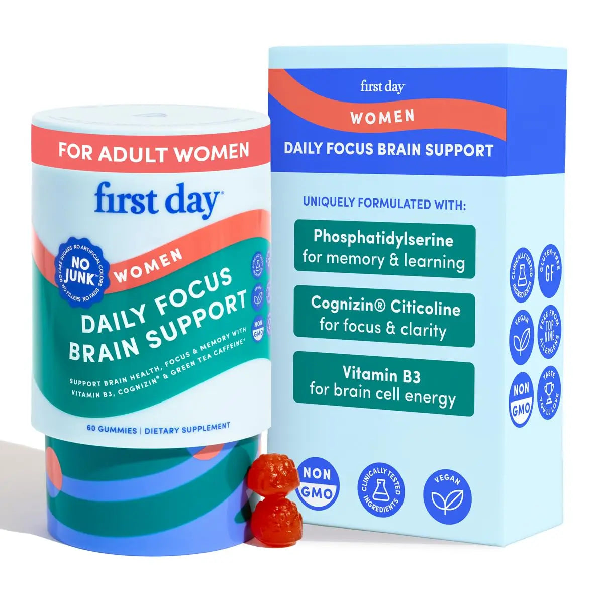 FIRST DAY Women’s Brain Gummies for Focus, Memory & Clarity | Cognizin® Citicoline + Phosphatidylserine | Natural Sustained Energy, Peach Flavor FIRST DAYAu supplements