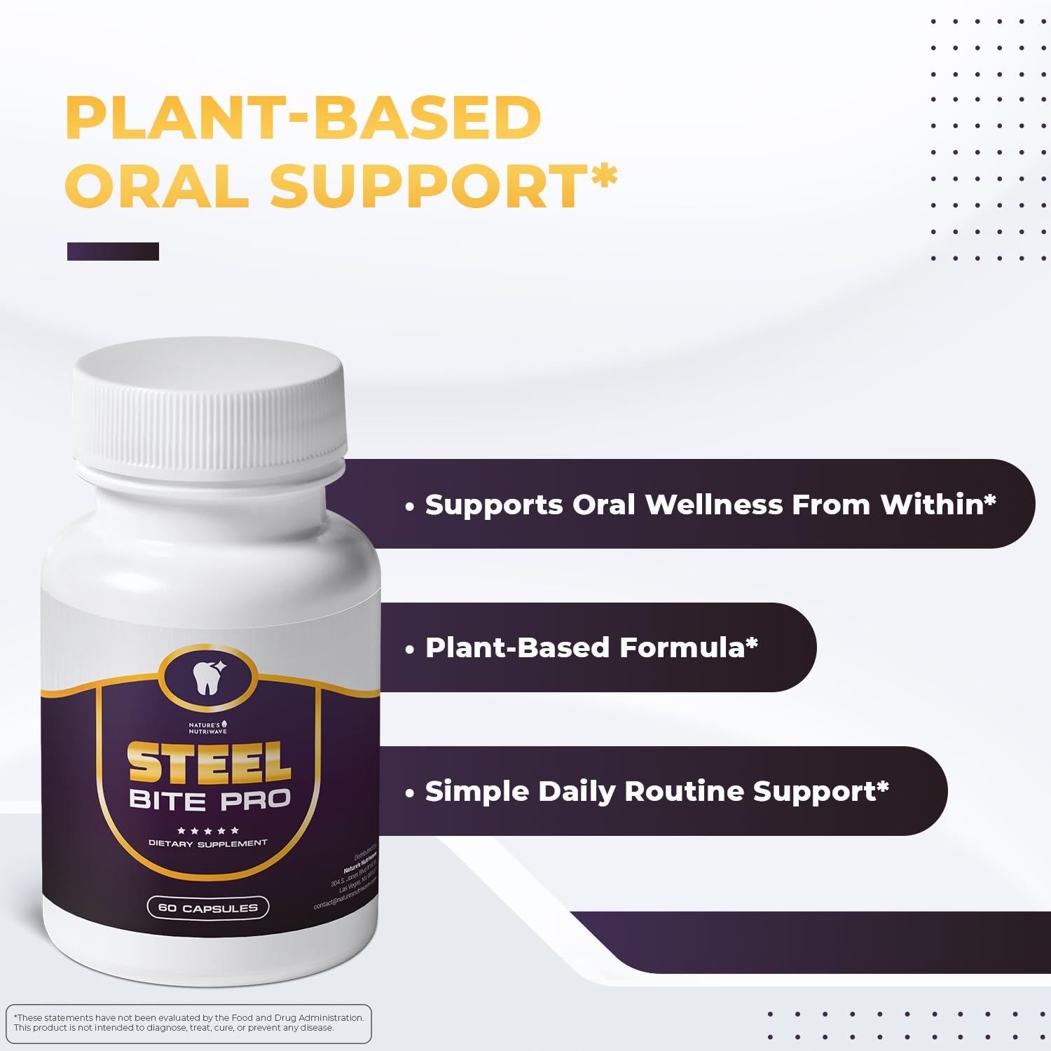 Nature’s NutriWave Steel Bite Pro Oral Wellness Supplement – 23 Plant-Based Ingredients with Zinc & Turmeric – Non-GMO, Made in USA, 60 Capsules, 1 Month Supply Nature’s NutriWaveAu supplements