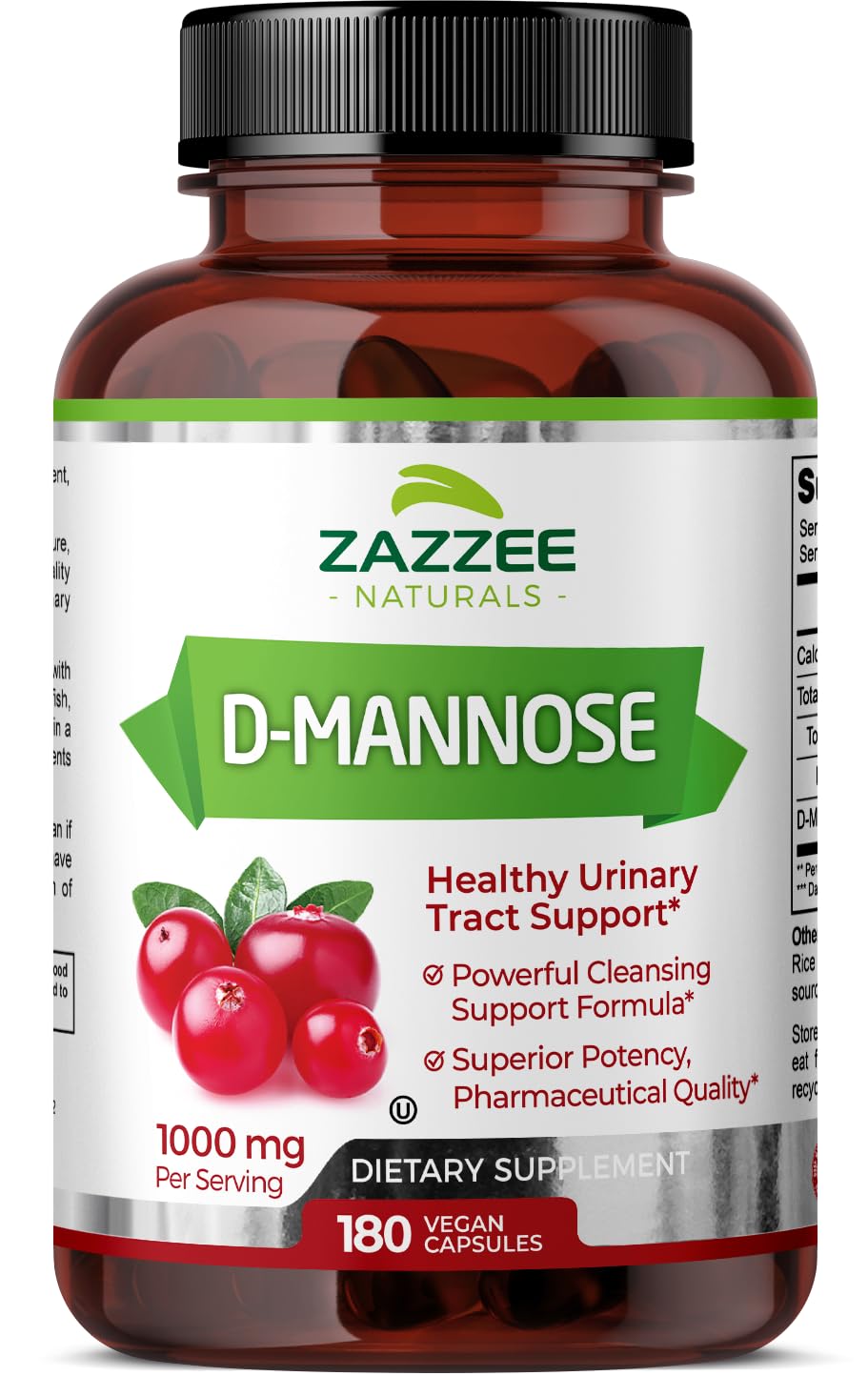 Zazzee D-Mannose, 1000 mg per Serving, 180 Vegan Capsules, 3 Month Supply, Potent ZazzeeUS supplements