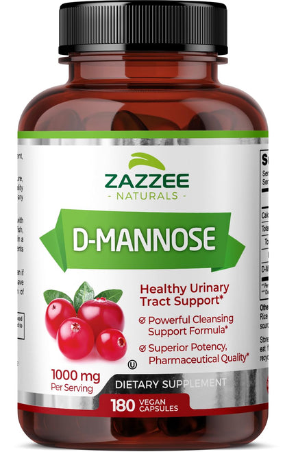 Zazzee D-Mannose, 1000 mg per Serving, 180 Vegan Capsules, 3 Month Supply, Potent ZazzeeUS supplements