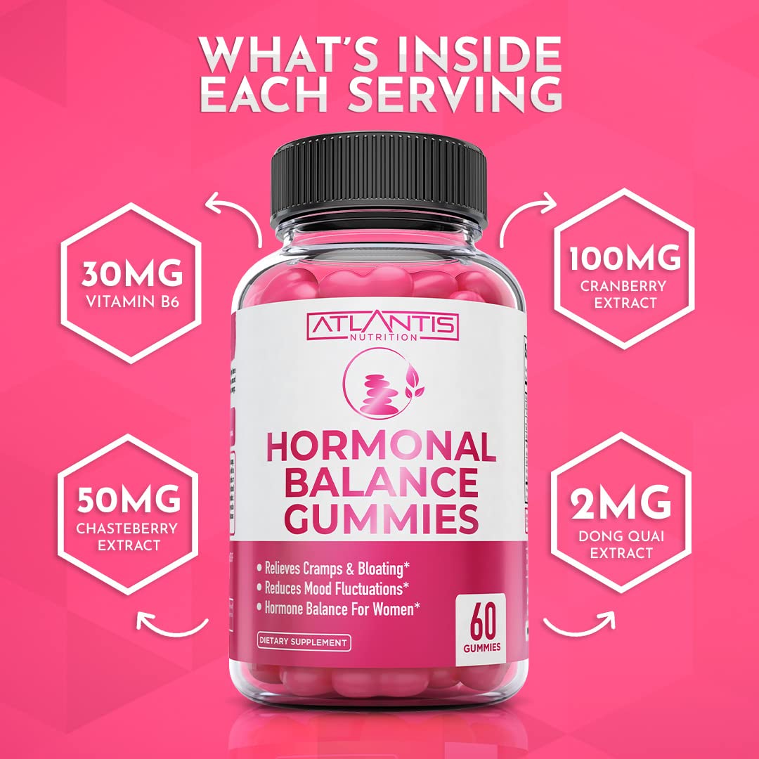 Atlantis Nutrition Hormonal Balance for Women & PMS Relief Gummies - Alleviates Cramps, Bloating, Mood Swings, Hot Flashes & Night Sweats - Cranberry, Dong Quai & Chasteberry Menstrual Cramp Relief Atlantis NutritionAu supplements