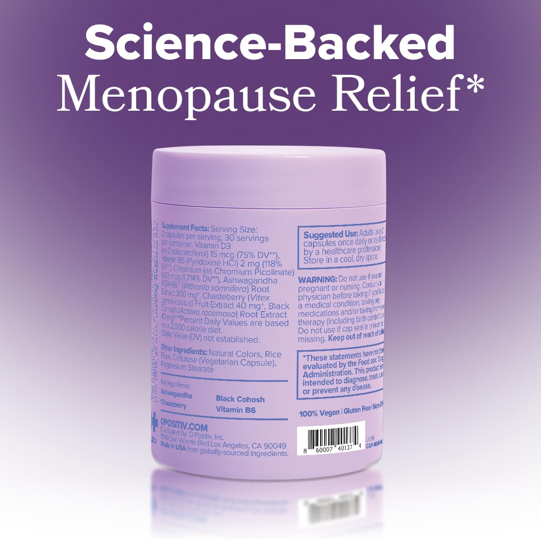 O Positiv MENO Vitamins for Menopause - Hormone-Free Menopause Supplement for Women - Black Cohosh & Ashwagandha KSM-66 - Helps Relieve Hot Flashes, Night Sweats, Mood Swings - 30 Servings (Pack of 1) O PositivAu supplements