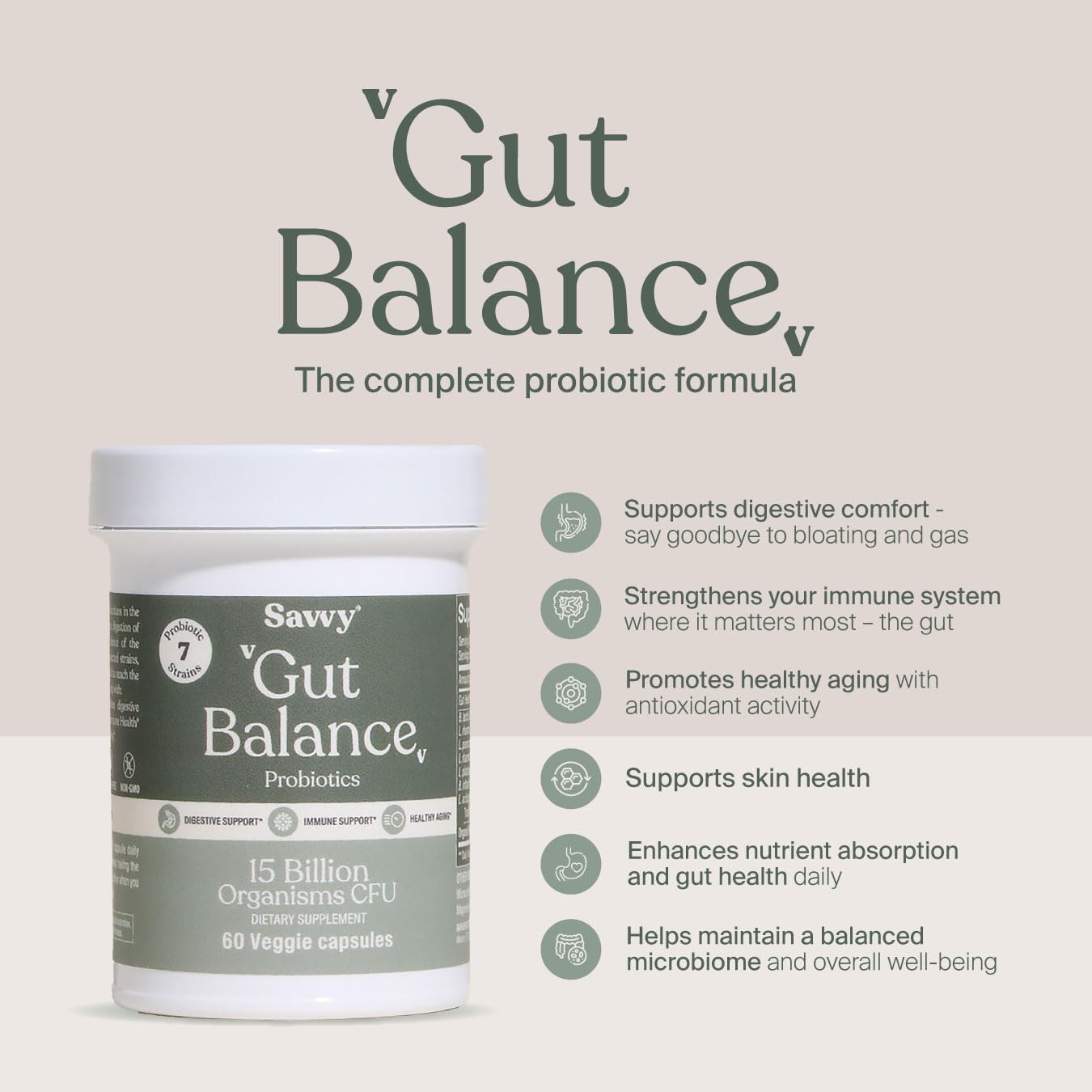 SAVVY Gut Balance Probiotics for Women & Men, 15 Billion CFU, 7 Clinically Studied Strains, Digestive Health, Immune Support, Bloating Relief, 60 Vegan Capsules, Non GMO, Sugar-Free SAVVYAu supplements