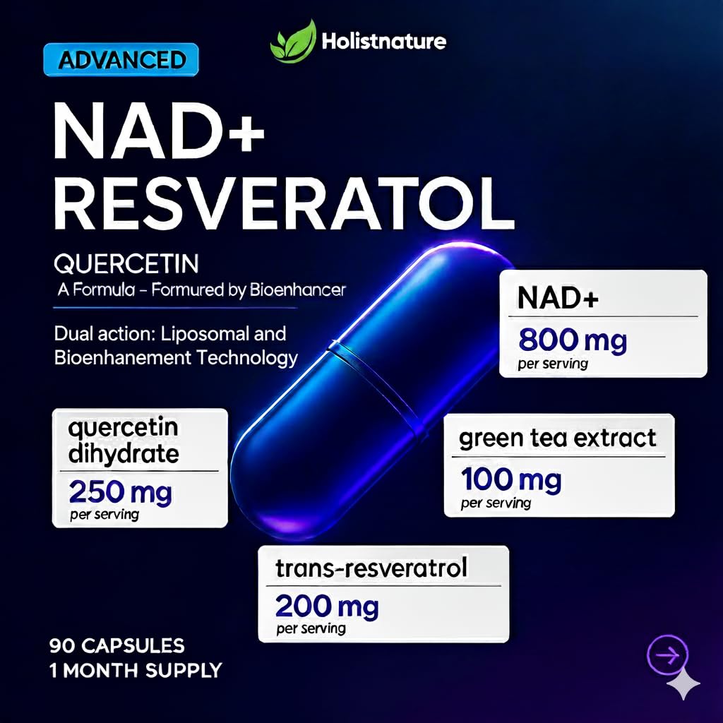 NAD+ Supplement, 1,360mg Max Strength Liposomal | Resveratrol, Quercetin, Green Tea | Cellular Energy & Healthy Aging for Men & Women | 800mg of 100% High Purity NAD+ for Energy, Focus - 90 Capsules HolistnatureAu supplements