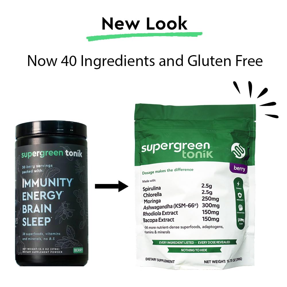 SUPERGREEN TONIK 100% Natural Greens Superfood Powder – Daily Supplement with 40 Superfoods, Vitamins and Minerals – Supports Energy, Stress and Immunity – 30 Days 360 Grams Berry Flavor (1 Bag) SUPERGREEN TONIKAu supplements