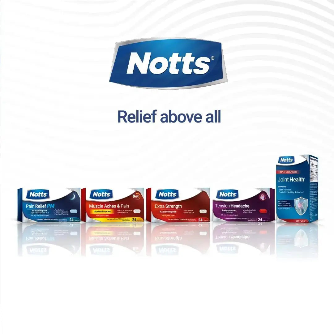 NOTTS PM Extra Strength Pain Relief & Sleep Aid, 500mg Acetaminophen & 25mg Diphenhydramine HCl, 50 Caplets for Nighttime Aches, Headaches & Body Pain, Non-Habit Forming (Pack of 2) NOTTSAu supplements