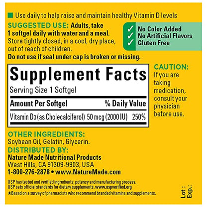 Nature Made Vitamin D3 2000 IU (50 mcg), Dietary Supplement for Bone, Teeth, Muscle Nature MadeUS supplements