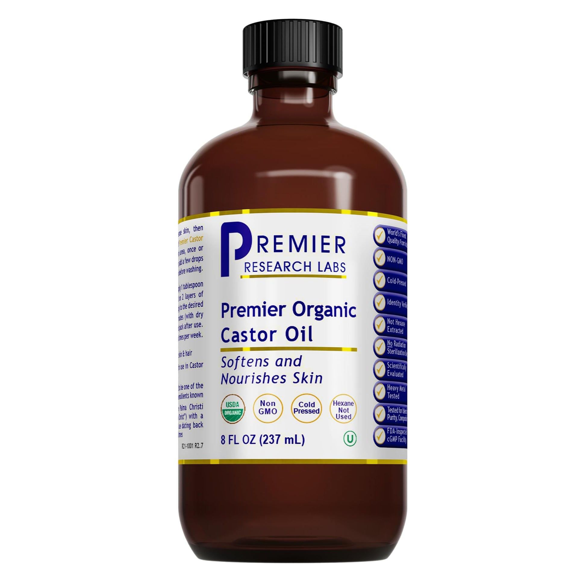 Premier Research Labs Organic Castor Oil for Face - Cold Pressed 100% Pure Castor Oil for Hair Growth, Skin & Body, Hexane Free - 8 Oz Bottle Premier Research LabsAu supplements