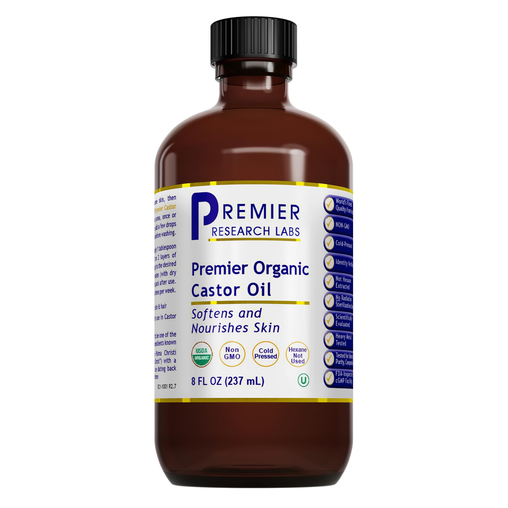 Premier Research Labs Organic Castor Oil for Face - Cold Pressed 100% Pure Castor Oil for Hair Growth, Skin & Body, Hexane Free - 8 Oz Bottle Premier Research LabsAu supplements