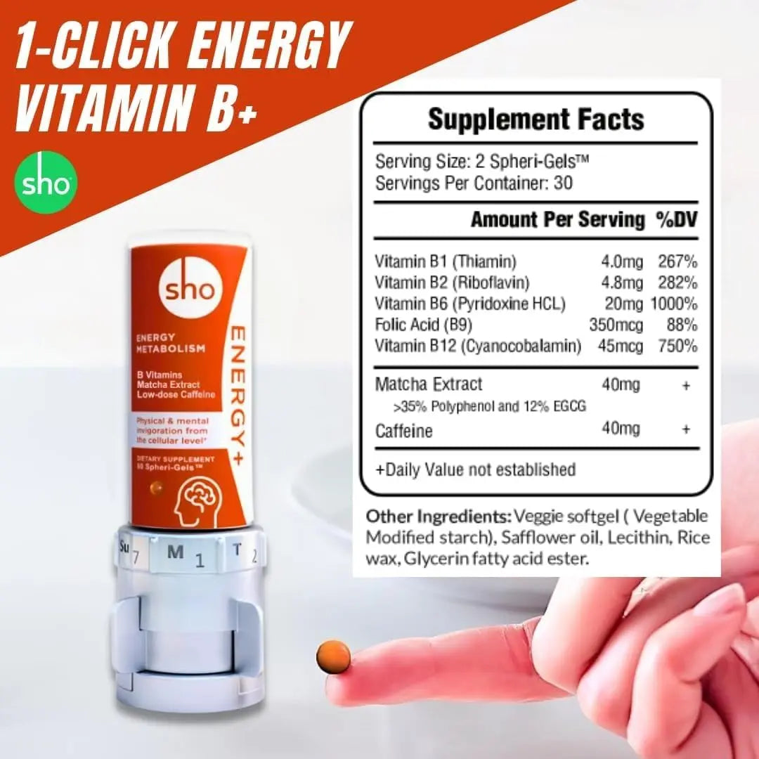 SHO Vegan Energy+ Focus Supplement Kit- Matcha Green Tea Extract, Methylated B Complex, Vitamin B and Caffeine Natural Energy Booster Without Crash, Jitters for Men and Women - 60 Pills Refill Bottle SHOnz supplements