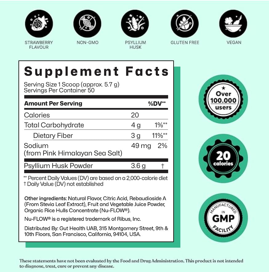 ColonBroom Psyllium Husk Powder (Strawberry) - Colon Cleanse for Bloating Relief & Gut Health - Colon Broom Fiber Powder Drink - Vegan, Gluten Free, Non-GMO Fiber Powder Supplement, 50 Servings ColonBroomAu supplements