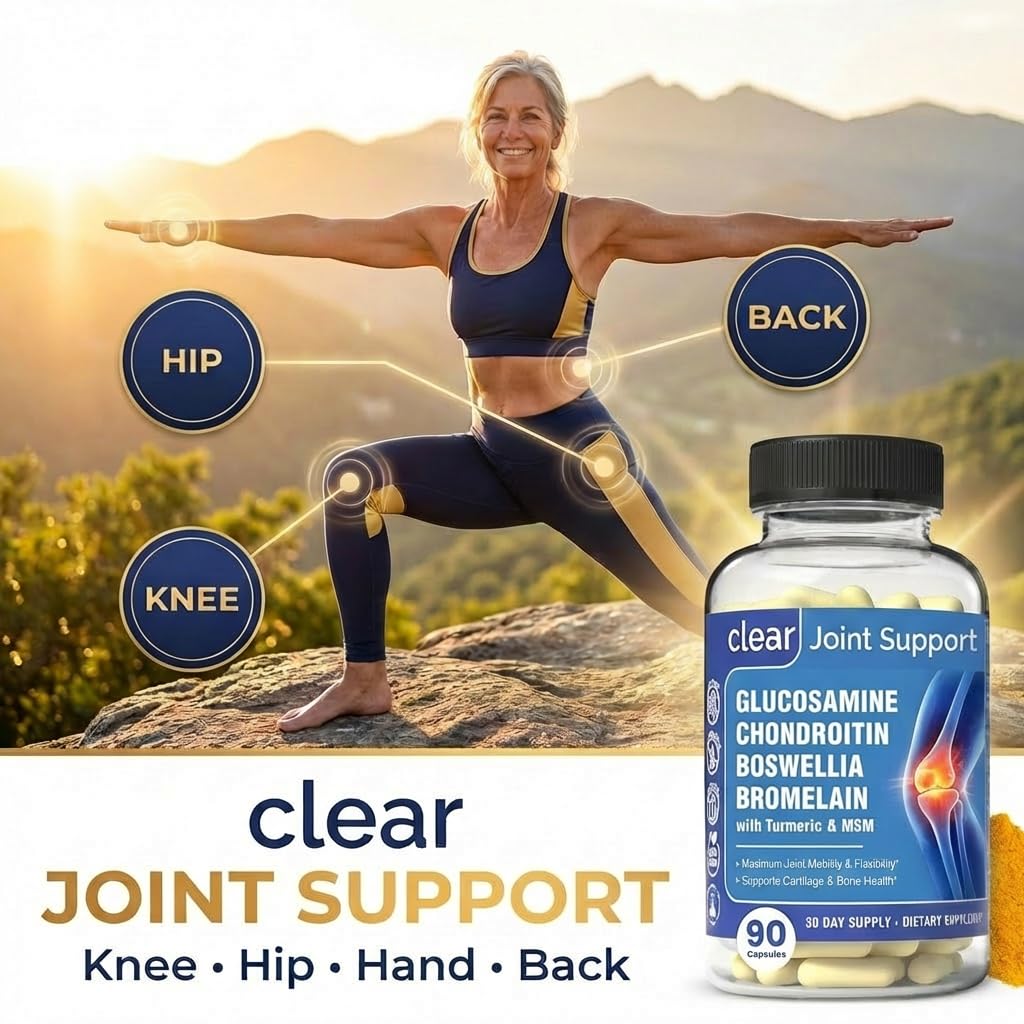 Clear Joint Support - 1500mg Glucosamine Chondroitin MSM - 8 in 1 Joint Health Supplement with Turmeric and Boswellia for Men & Women, Knee, Hip & Back Support, Made in USA, 90 Capsules Clear ProbioticsAu supplements