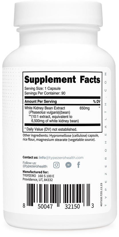 Type Zero Clean White Kidney Bean Capsules (6,500 MG Equivalent Per Serving, 90 Count) - Non-GMO, Gluten Free Type ZeroUS supplements