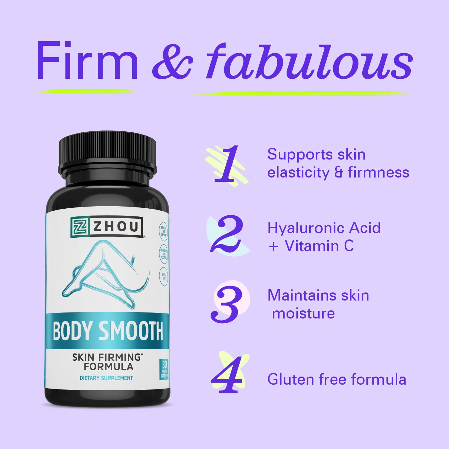 Zhou Body Smooth - Cellulite Pills for Women, Dimpless Anti Cellulite Supplement for Firm Smooth Skin with Hyaluronic Acid & Vitamin C, Skincare for Thigh, Legs, Butt, Supports Hydration - 30 Capsules ZHOUAu supplements