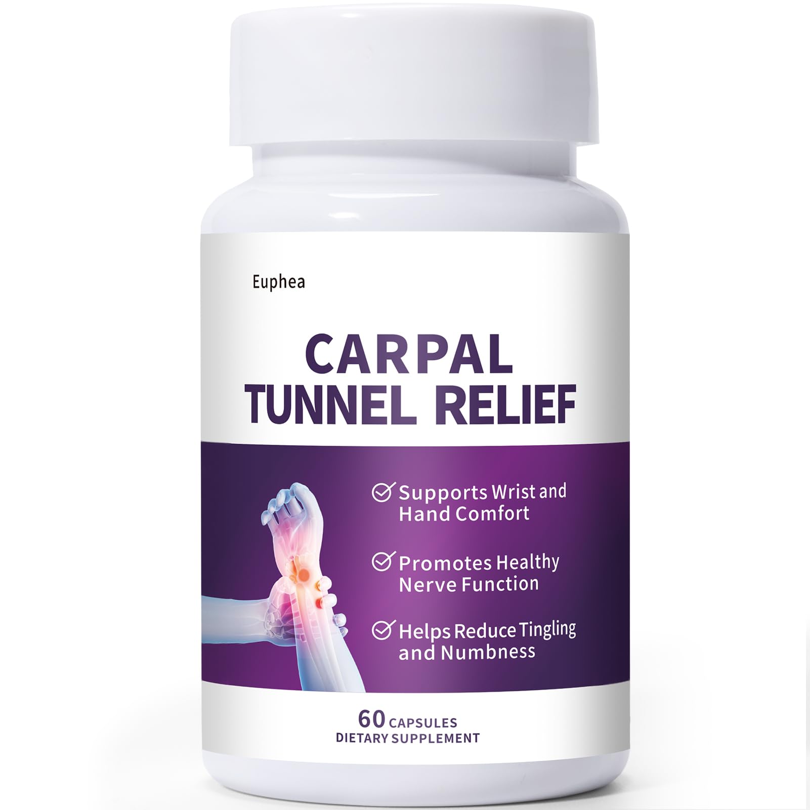Euphea Carpal Tunnel Relief & Wrist Support Supplement, Helps Ease Tingling & Numbness,Vitamins B6, B12, C, D, K + GABA,60 Capsules EupheaAu supplements