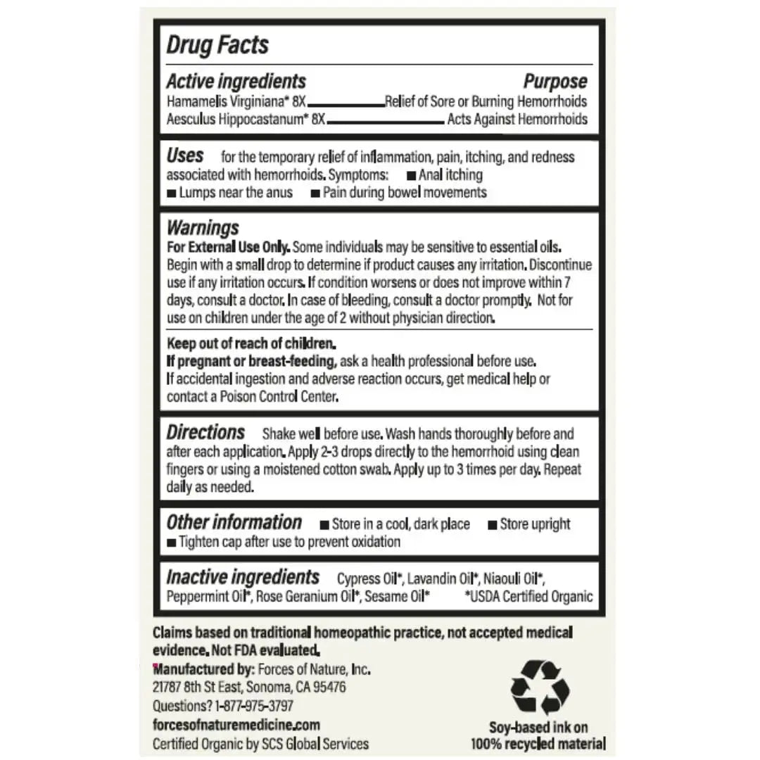 Forces of Nature Hemorrhoid Control Extra Strength, Organic Homeopathic Medicine with Witch Hazel, Horse Chestnut, and Soothing Essential Oils for Itching, Swelling & Discomfort, 5ml (0.17 fl oz) Forces of NatureAu supplements